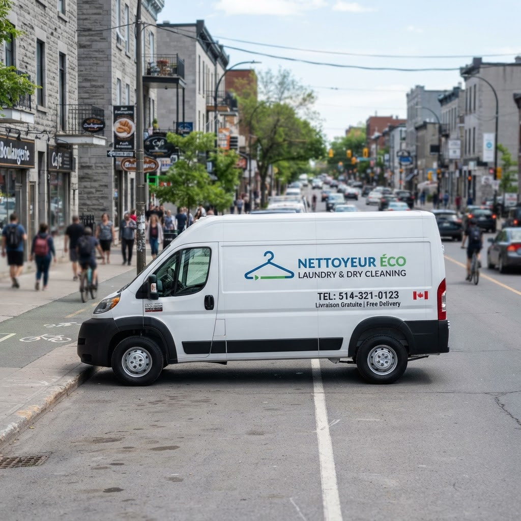 Camion de livraison de buanderie dans une rue de Montréal